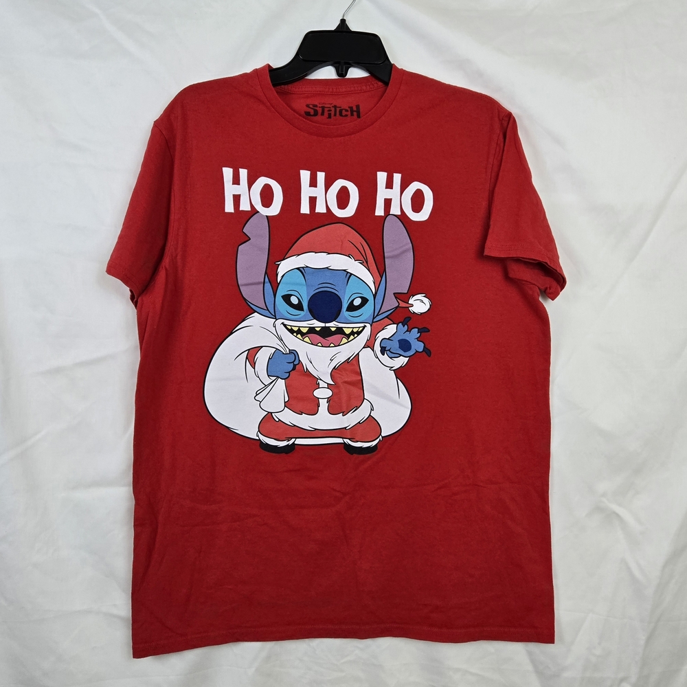 Disney Stitch Mens Red Holiday Christmas Ho Ho Ho Graphic Short Sleeve Tee Large